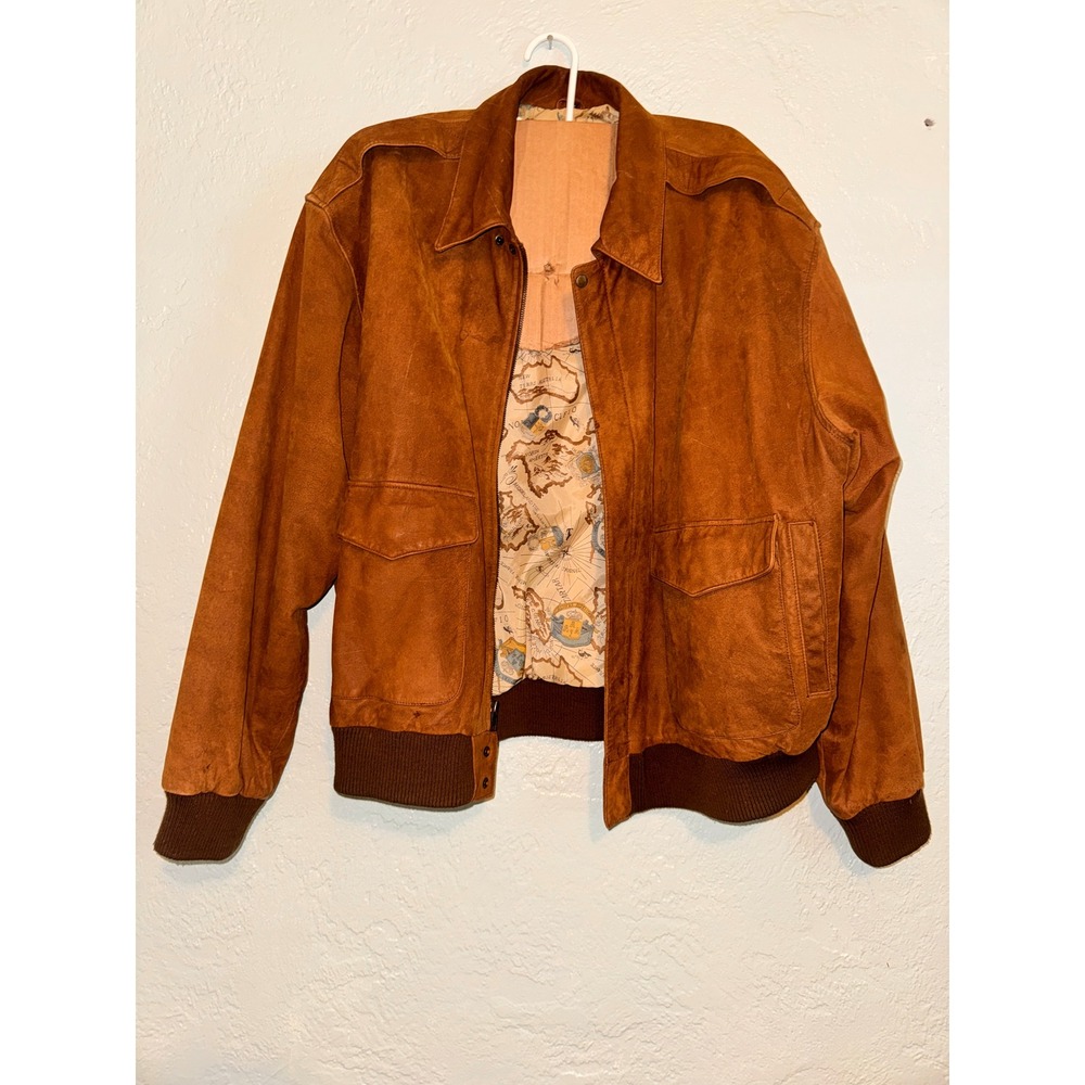Clout 80's Y2K  Men's 2XL Tall Suede Bomber Jacket World Map Lined